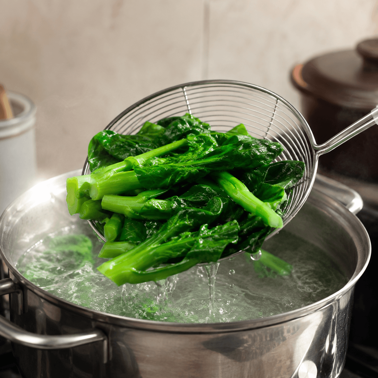 A spider strainer lifting bright green greens from boiling water in a pot.