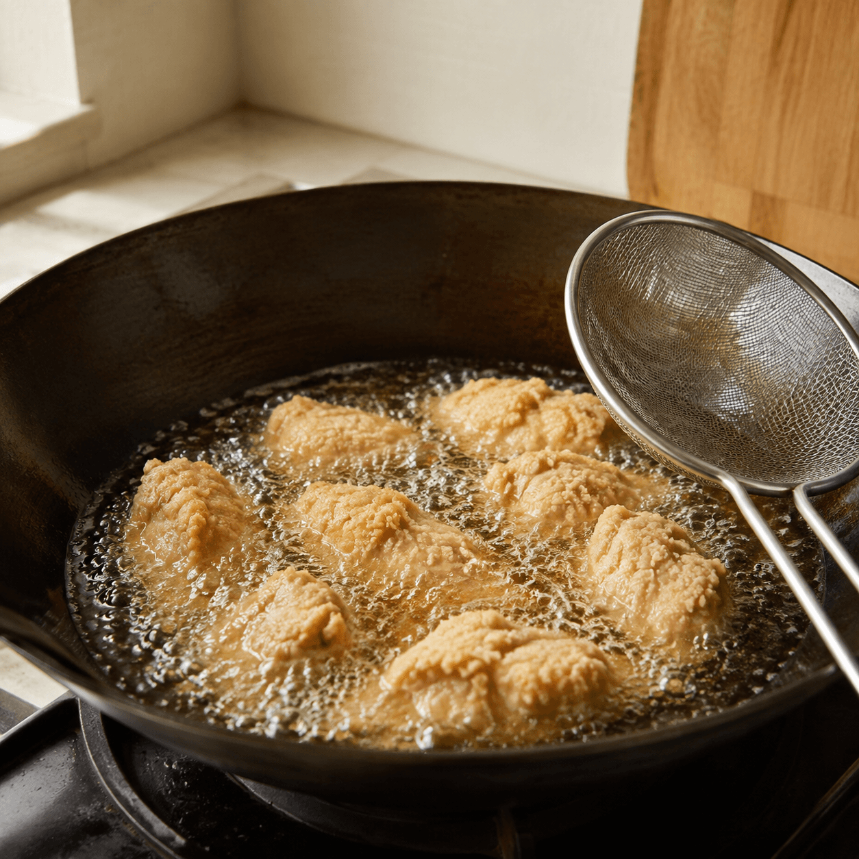 Chicken pieces mid-fry in deep oil with active bubbles and a light golden crust forming.