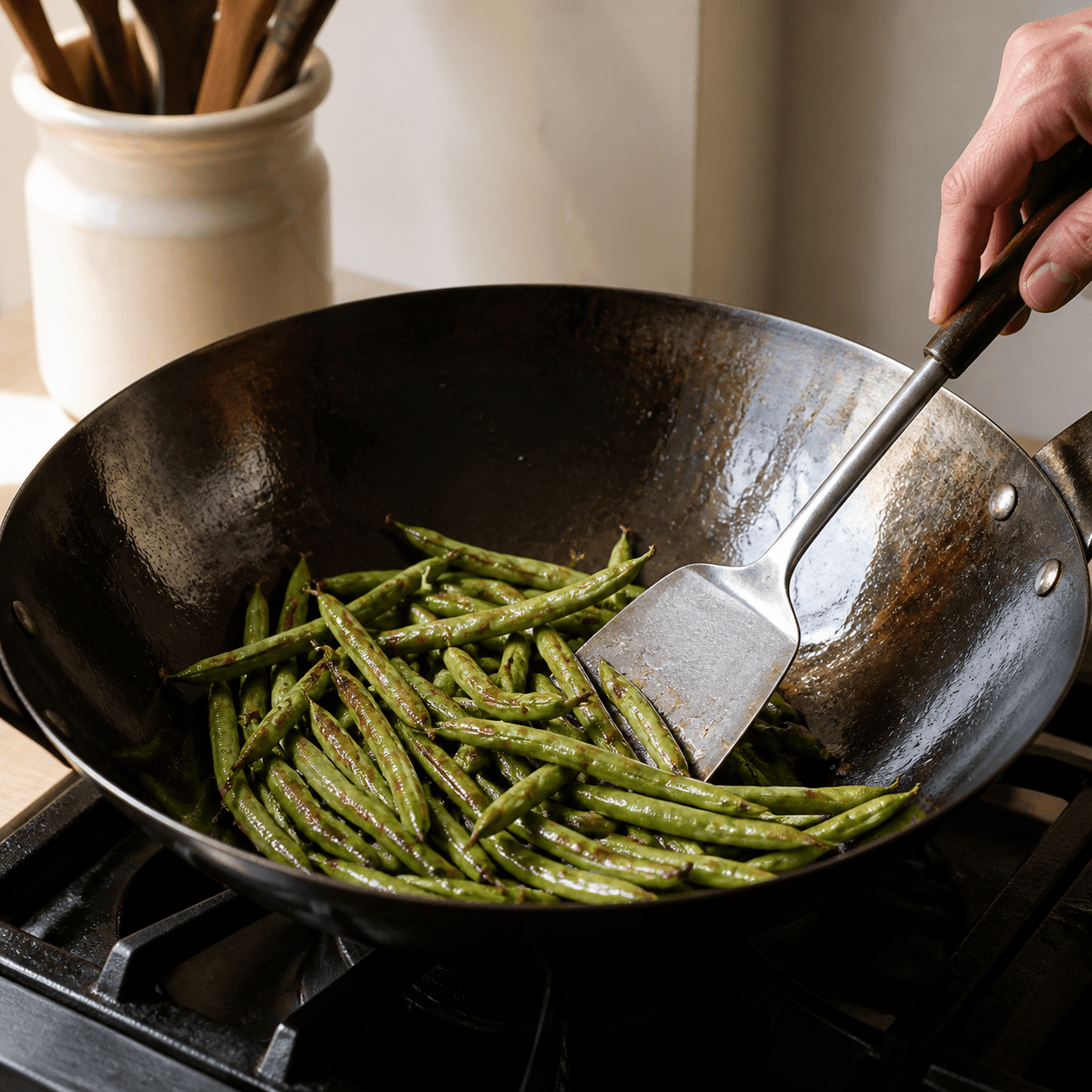 Blistered green beans with frizzed browned edges being turned in a dry wok.