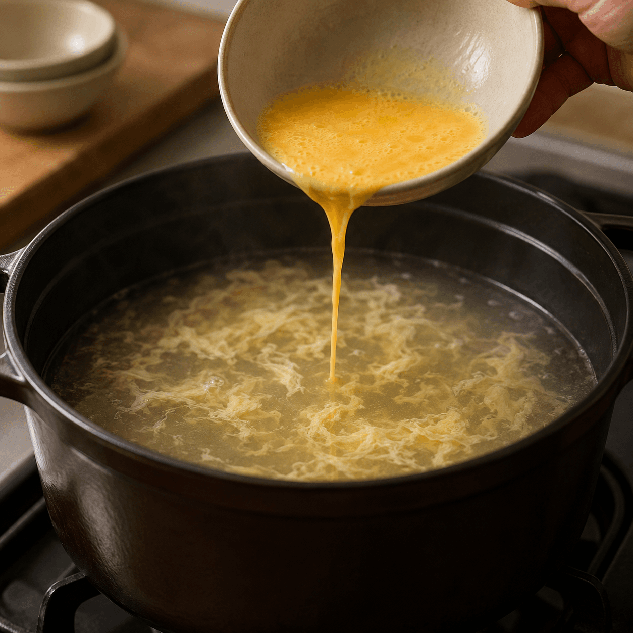 Thin egg ribbons forming in a swirling, clear hot soup as beaten egg is poured in.