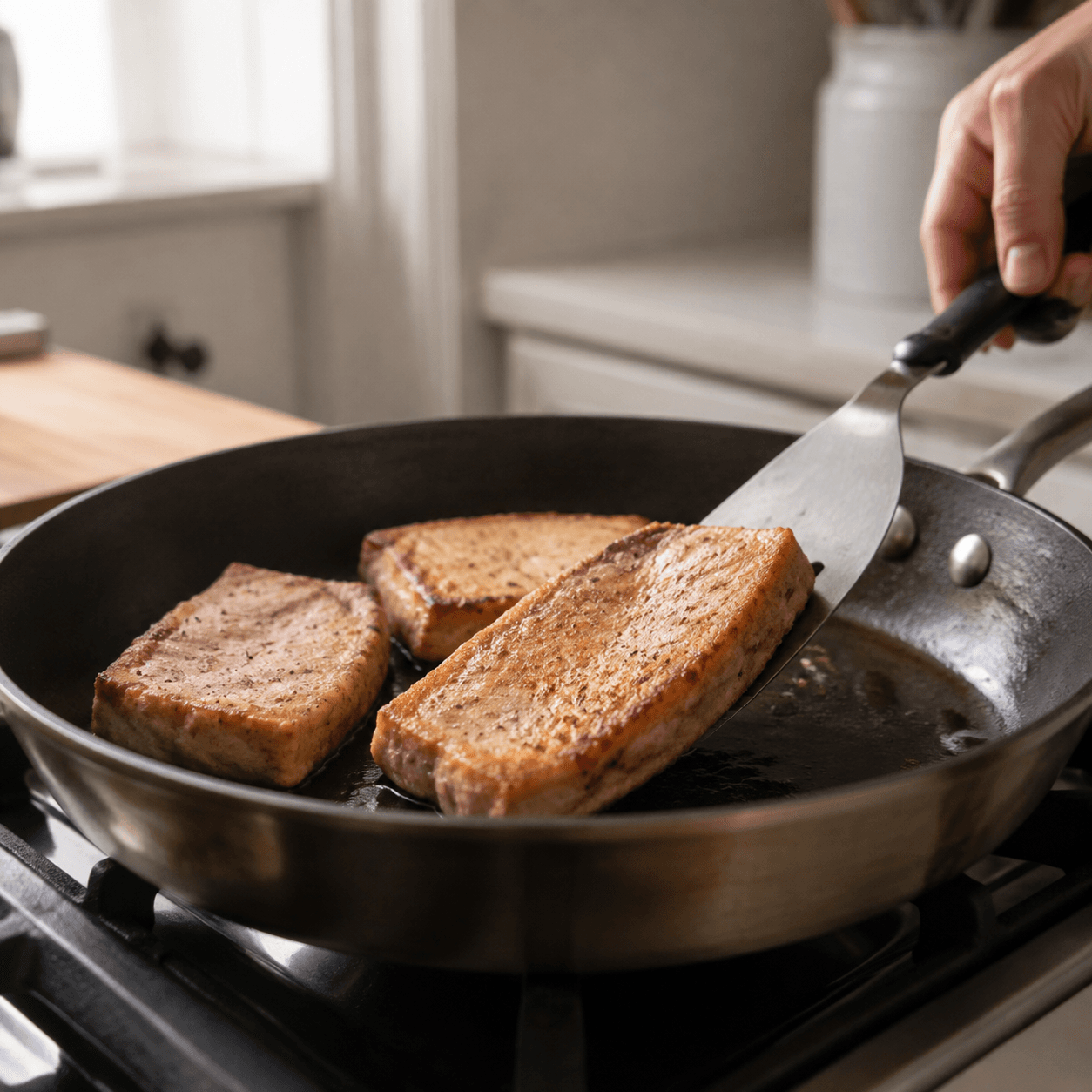 A spatula lifting a pan-fried piece to show its even golden-brown underside in a shallow-oil skillet.
