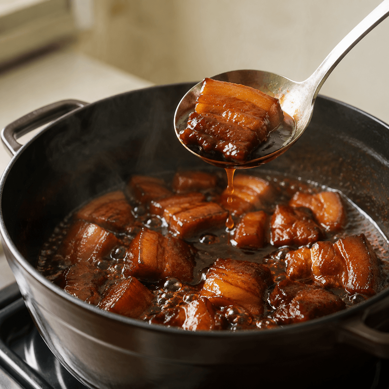 Pork belly chunks in a glossy mahogany braising liquid, one lifted on a ladle.