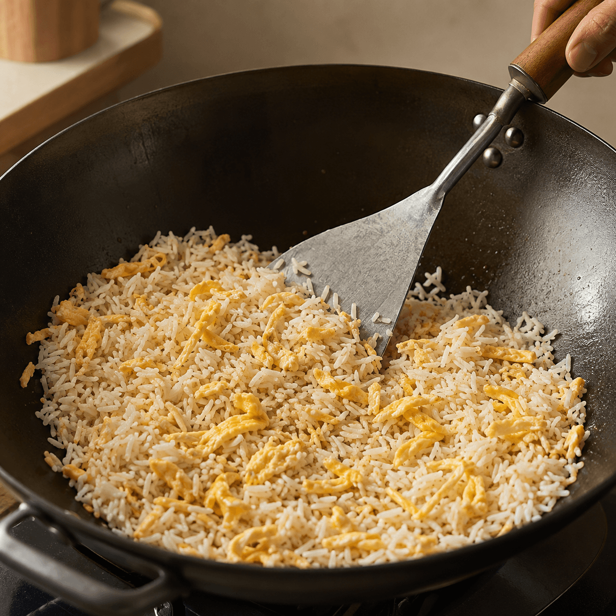 Separate rice grains with egg ribbons being turned in a wok, no clumps.