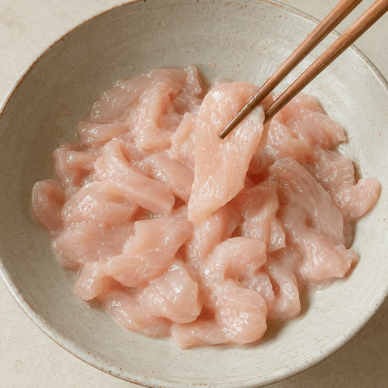 Raw chicken slices with a thin, even starch coating, lifted with chopsticks.