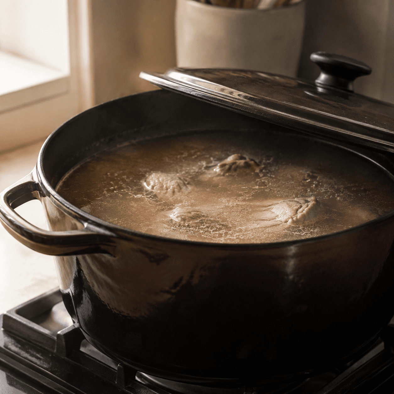 A pot of broth at a gentle simmer with small bubbles and tender meat below the surface.