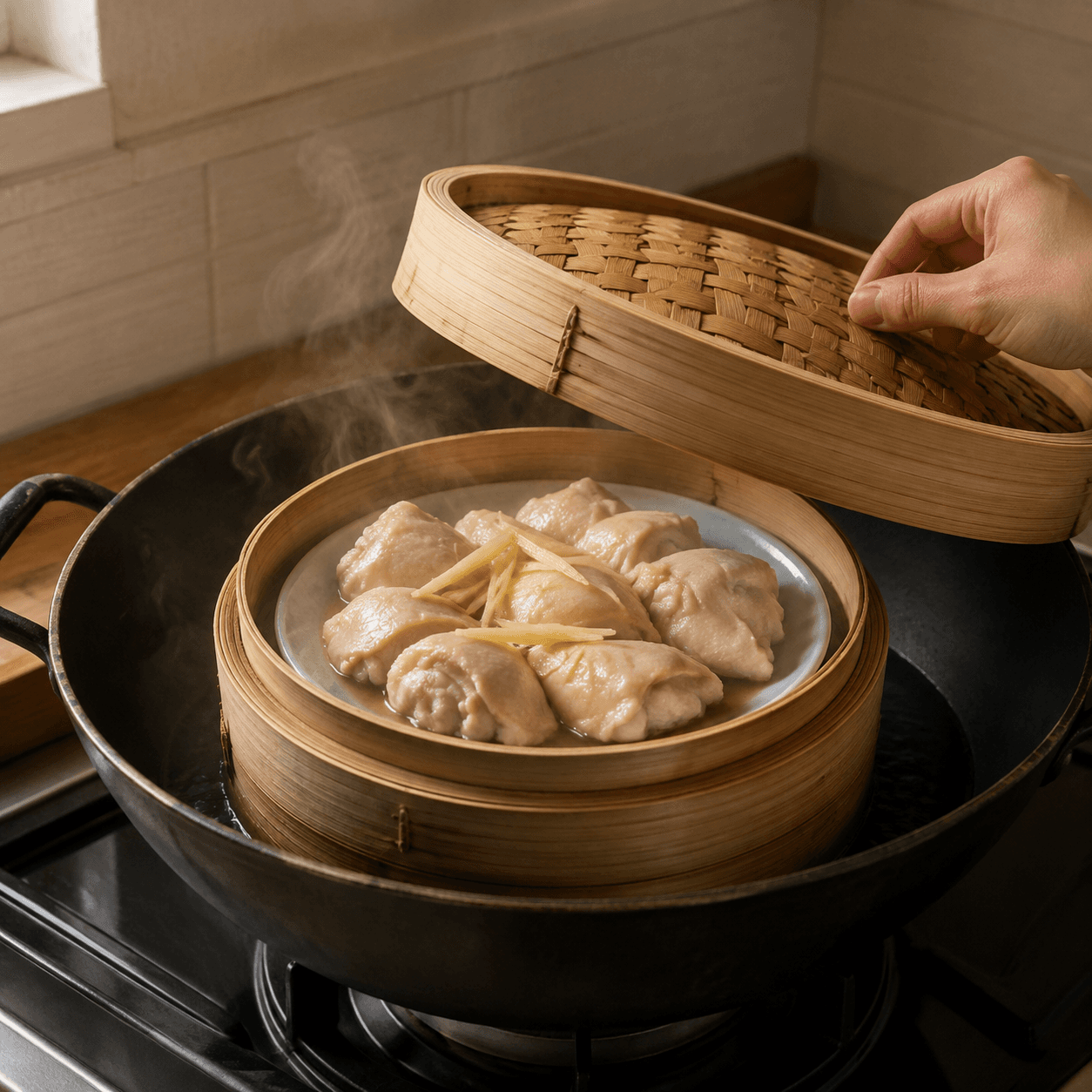A bamboo steamer over a wok with its lid lifted and steam rising from the food inside.