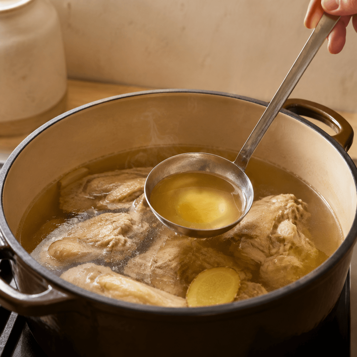A ladle of clear, lightly amber chicken stock lifted from a gently simmering pot.