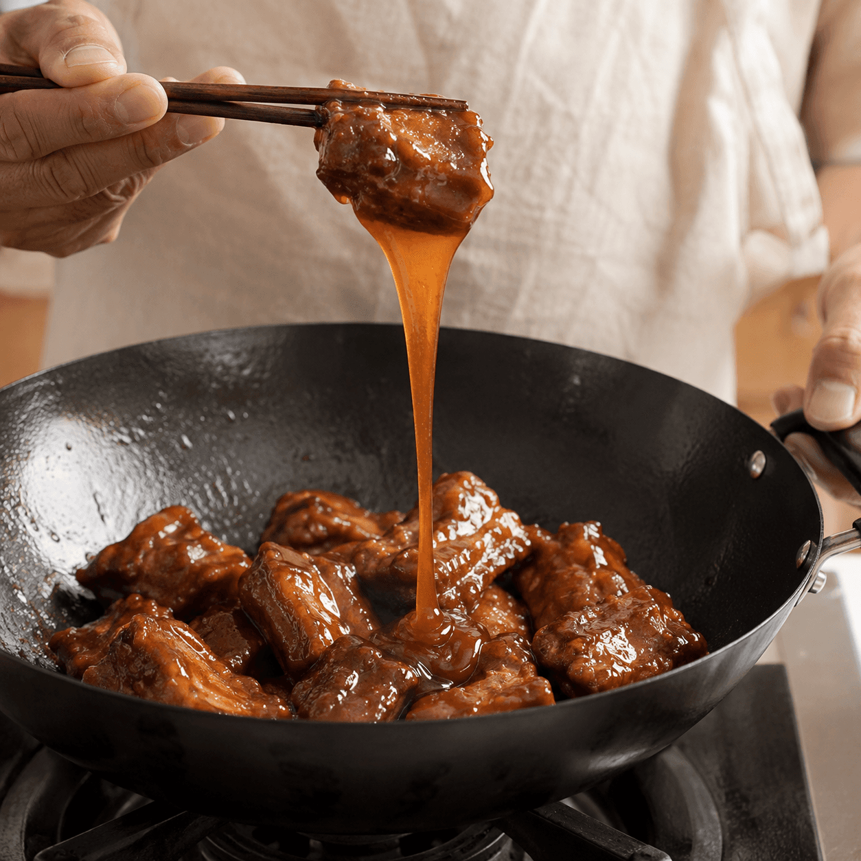 A glossy sweet-and-sour sauce clinging to rib pieces lifted with chopsticks.