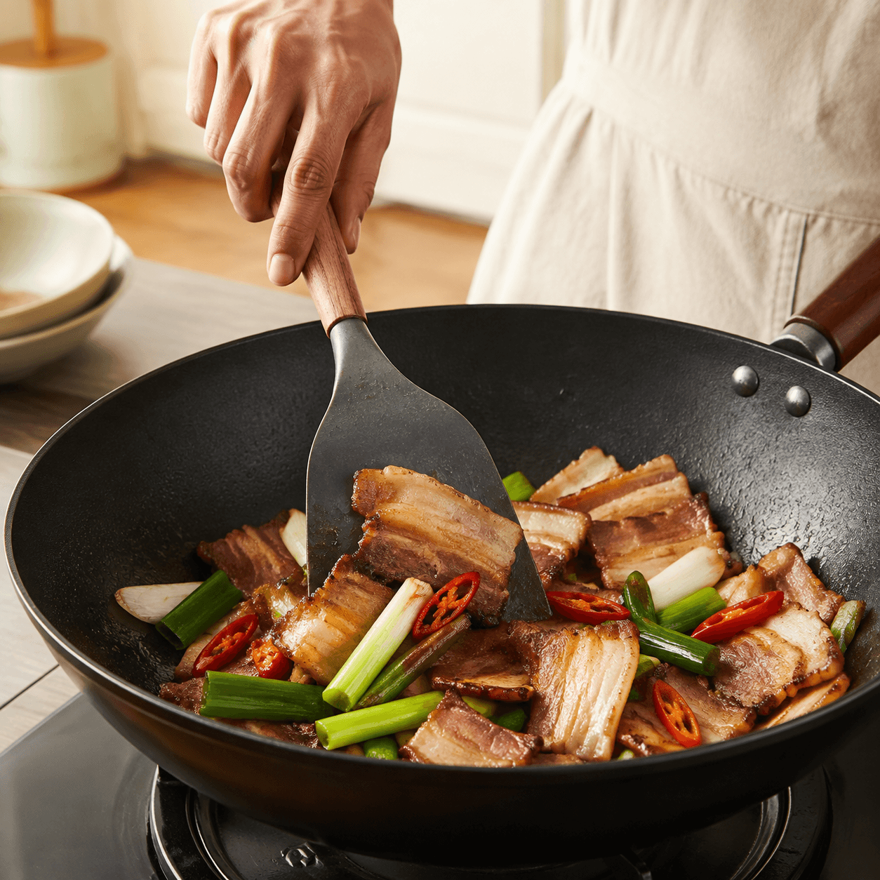 Sliced pork with curled, crisped edges stir-fried with leeks and chili in a wok.