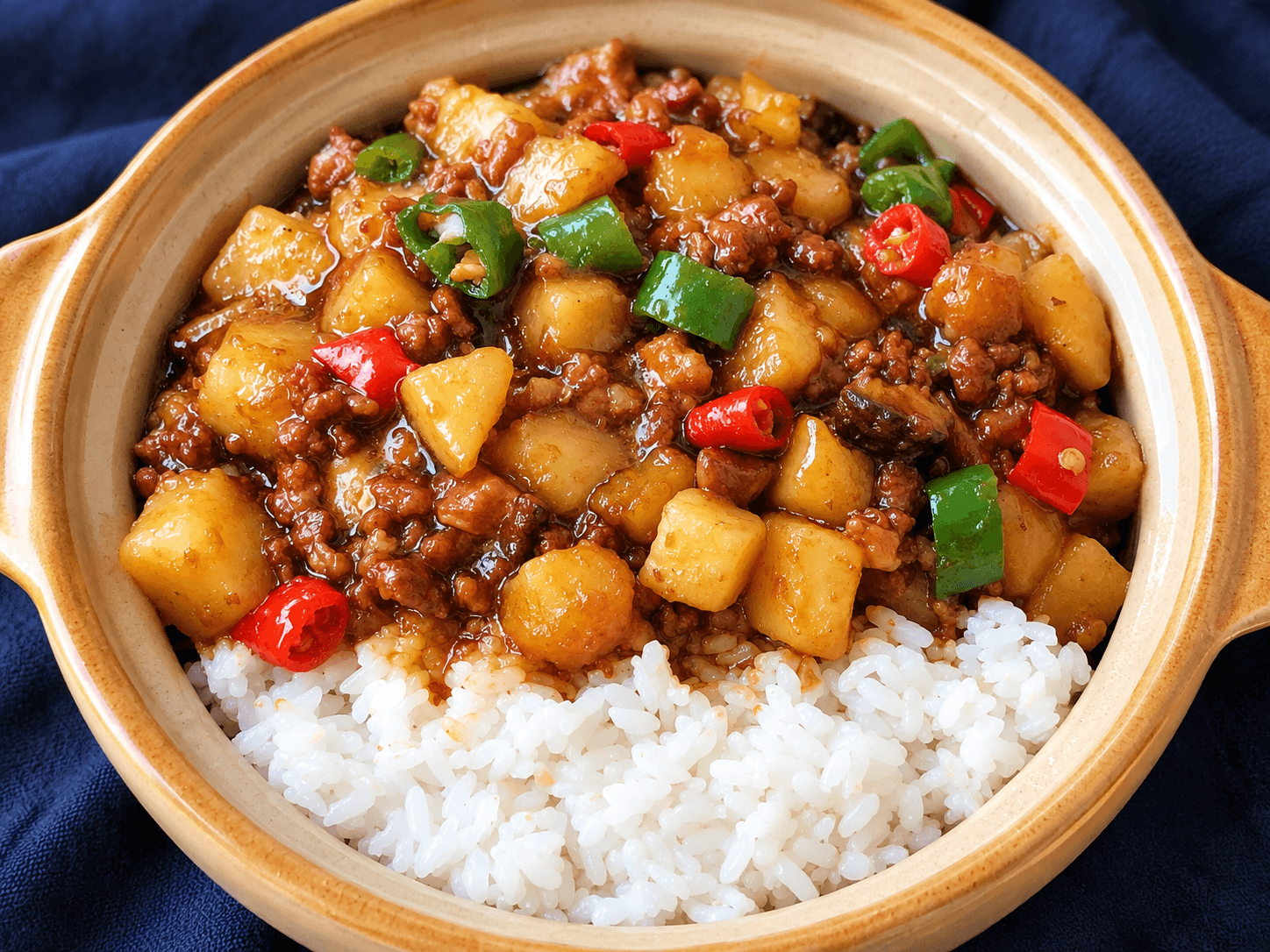 Shiitake Potato Ground Pork Rice Bowl — finished dish, ready to serve.