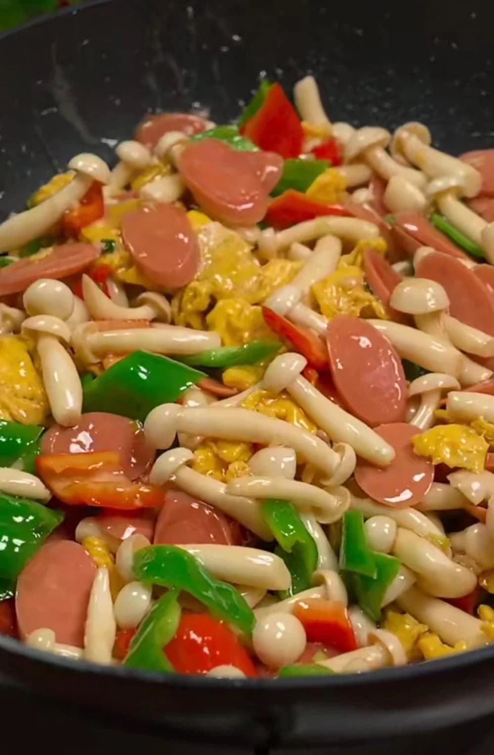 Stir-fried White Beech Mushrooms with Ham — finished dish, ready to serve.
