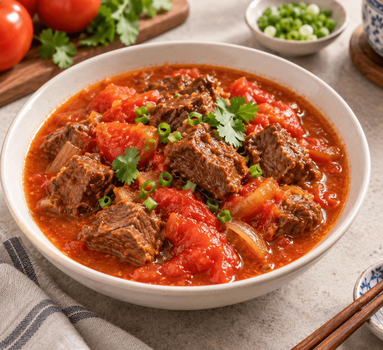Tomato Beef Soup / Tender and Appetizing — finished dish, ready to serve.