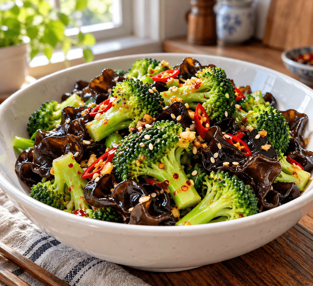 Ultra-Low-Calorie Broccoli and Wood Ear Salad — finished dish, ready to serve.