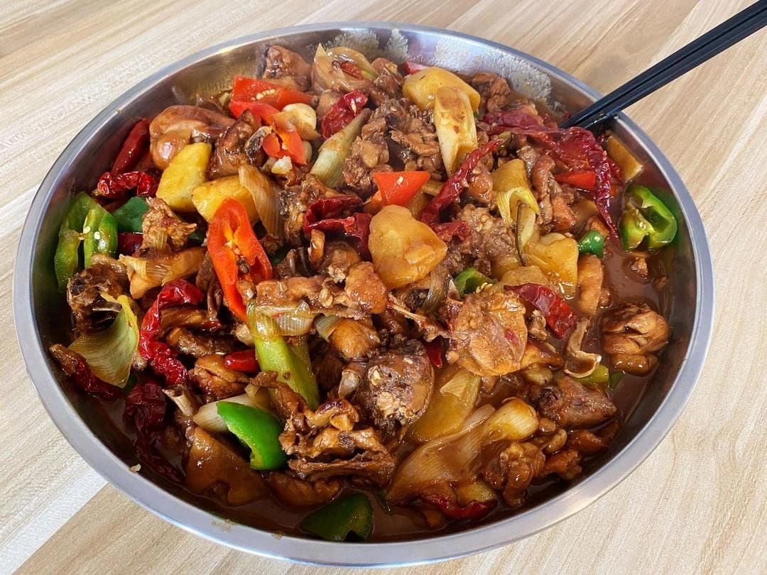 Xinjiang Big Plate Chicken — finished dish, ready to serve.
