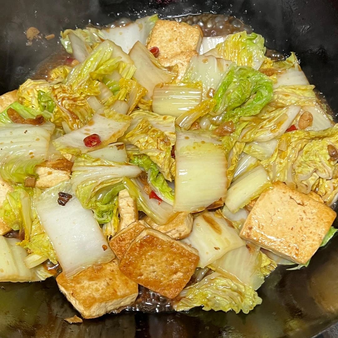 Baby Napa Cabbage Braised with Tofu — finished dish, ready to serve.