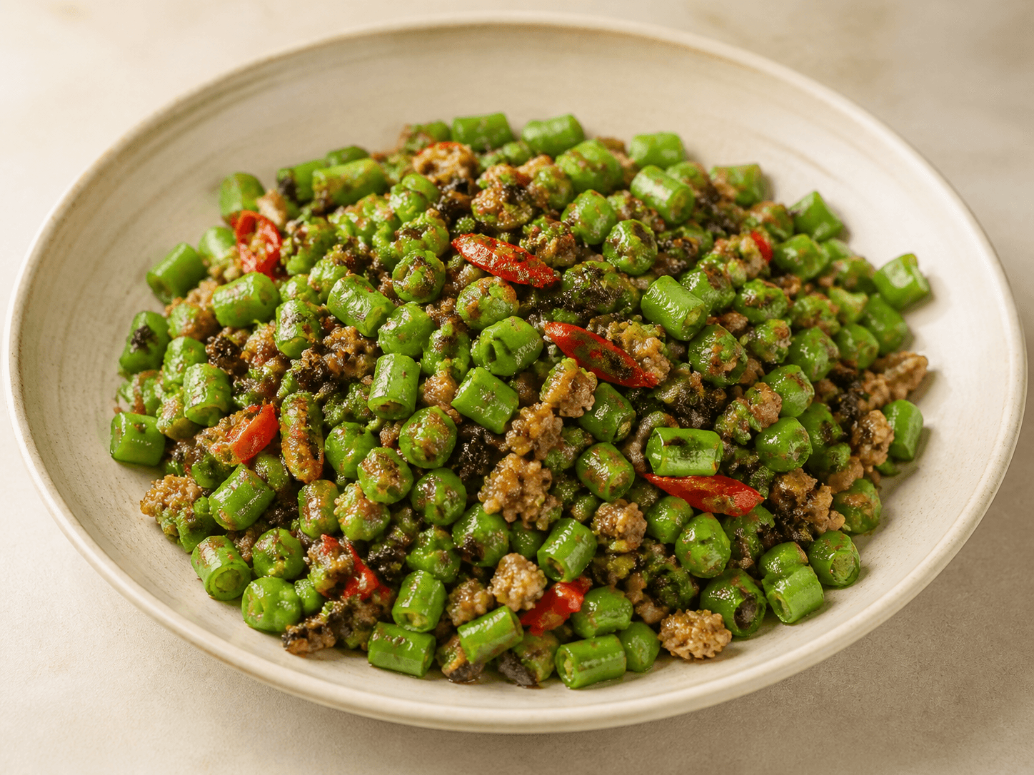 Green Beans with Minced Pork and Olive Vegetable, a Chinese cantonese dish
