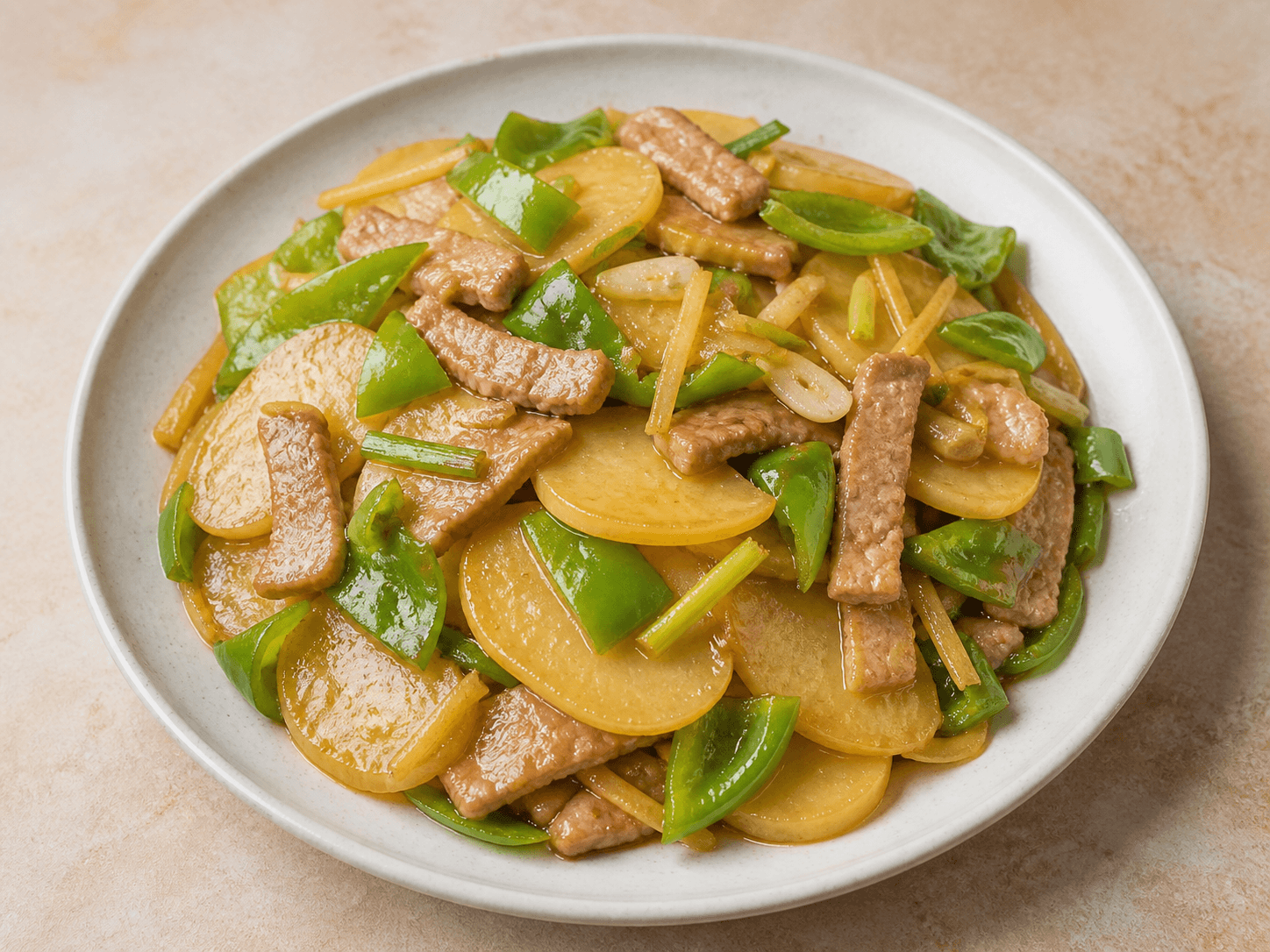 Green Pepper, Potato, and Pork Stir-fry, a Chinese pan chinese dish