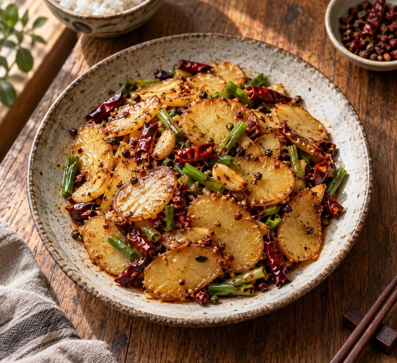 Dry Pot Potato Slices — finished dish, ready to serve.