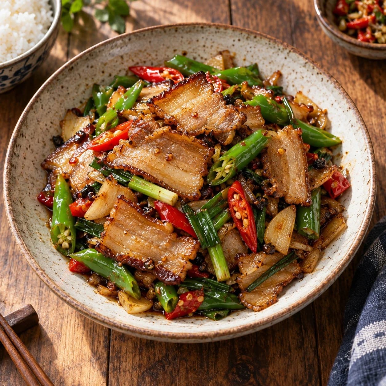 Hunan Stir-Fried Pork Belly — finished dish, ready to serve.