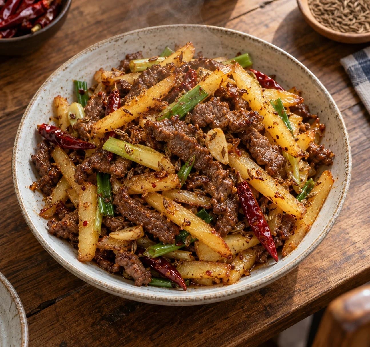Spicy Cumin Potato and Beef Stir-fry — finished dish, ready to serve.