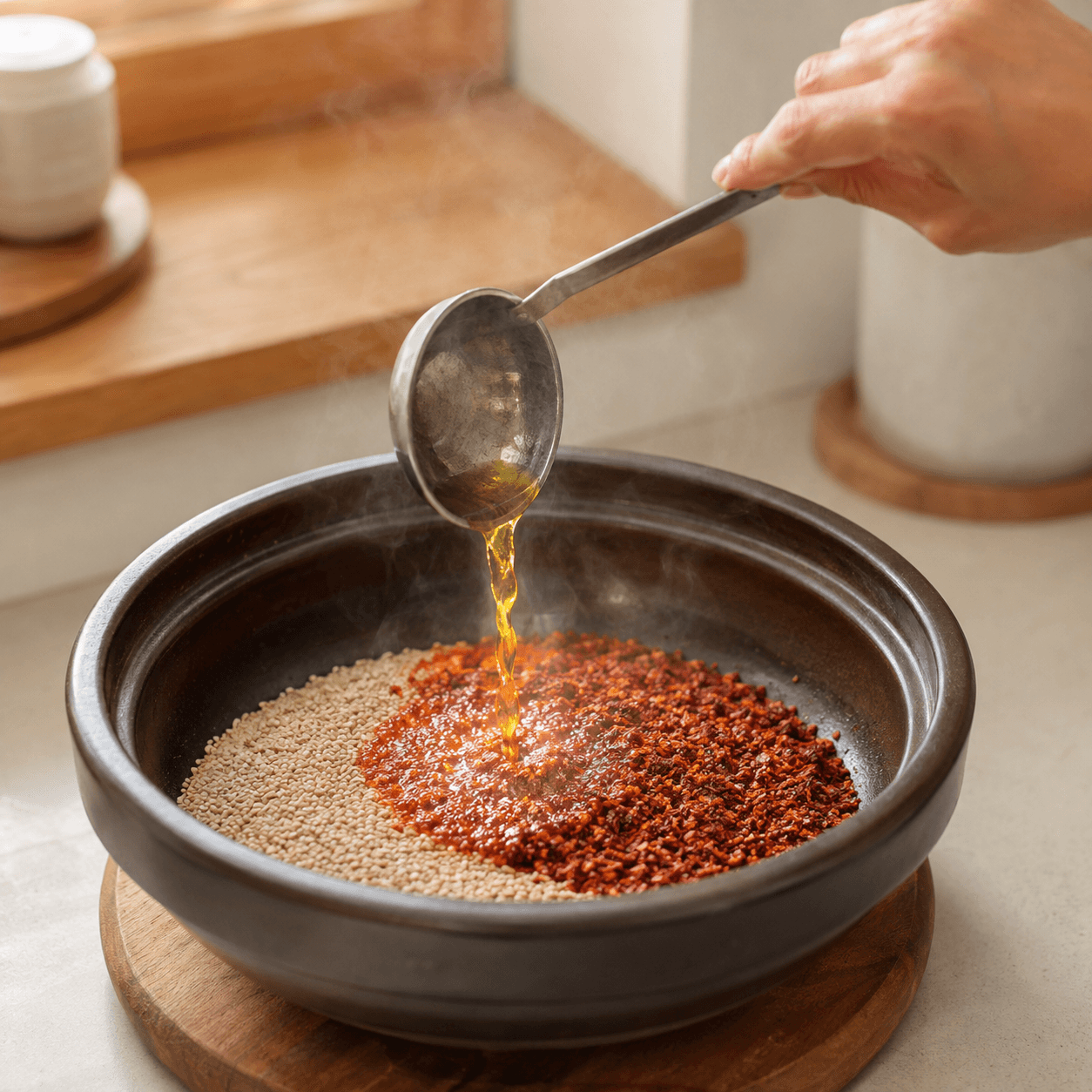 Hot oil poured over ground red chilies and sesame, blooming to a vivid red.