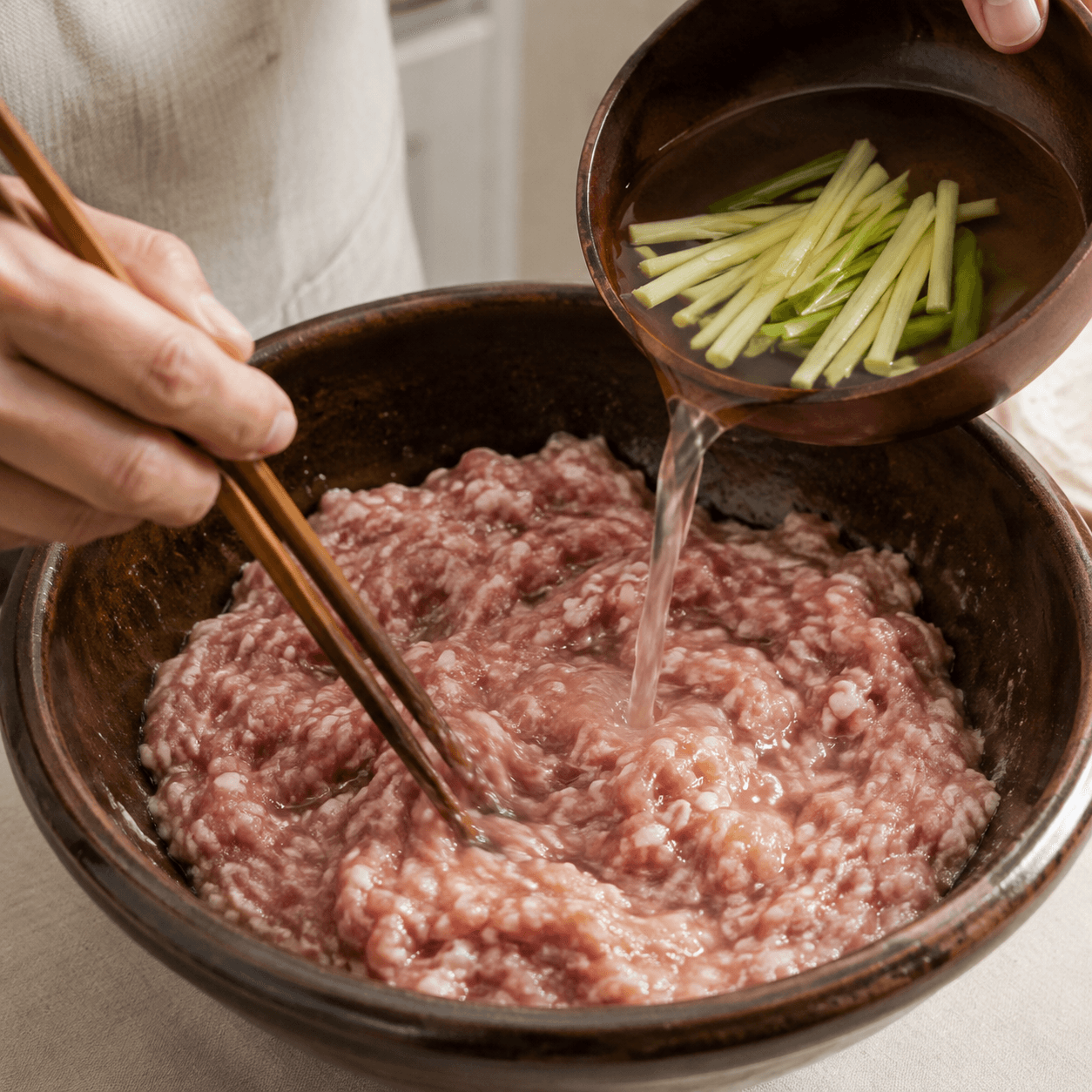 Ginger-scallion water being stirred into ground pork until glossy and sticky.