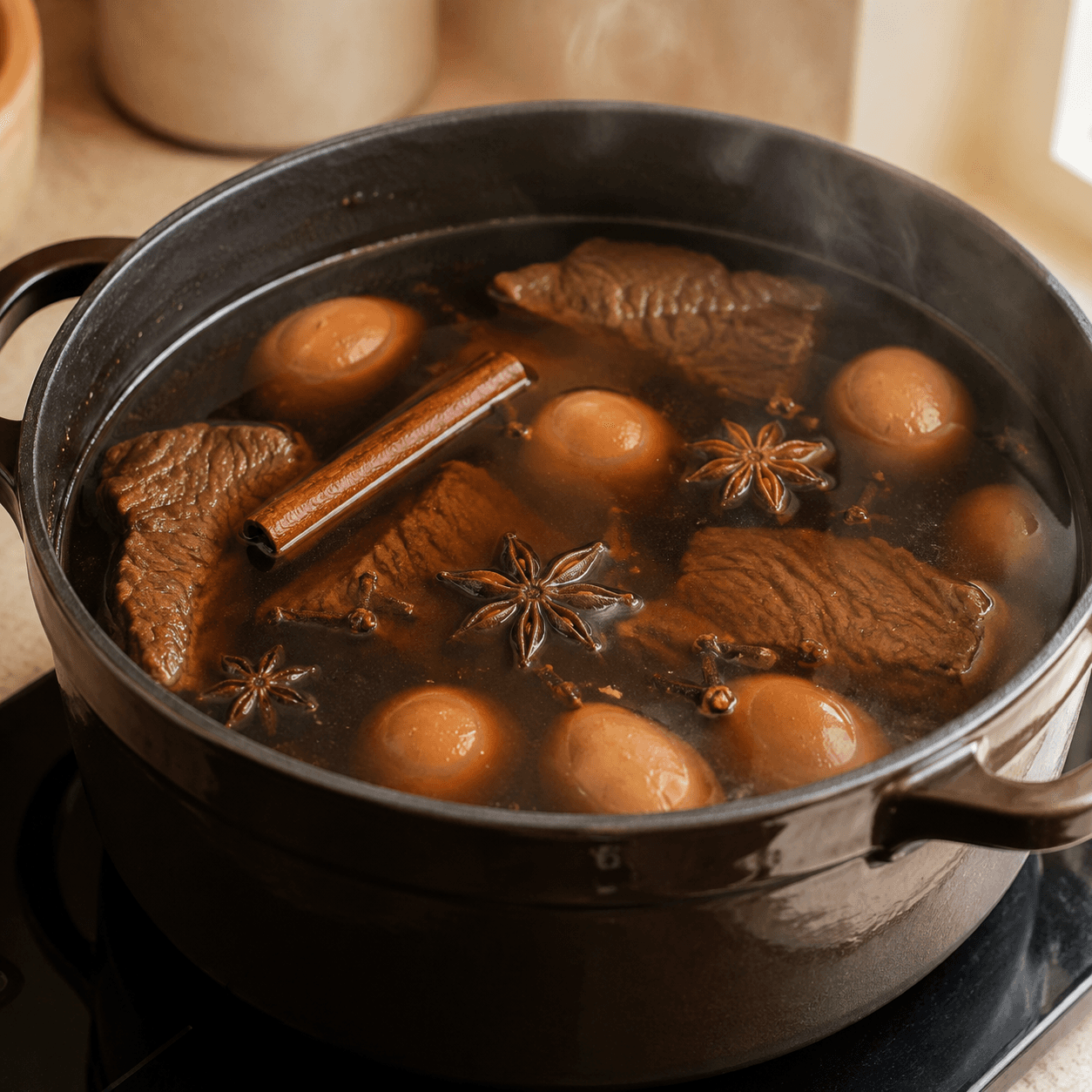 A dark aromatic master stock with star anise and cinnamon around braising food.