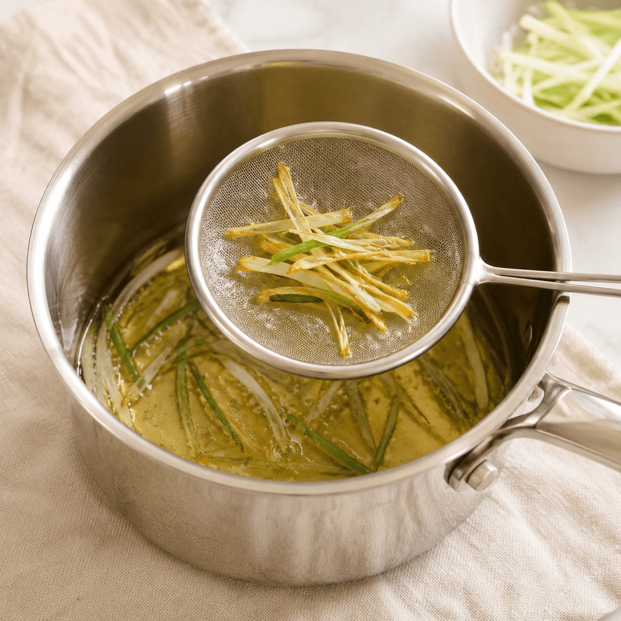Thin scallion strips with light golden edges lifted from oil in a strainer.