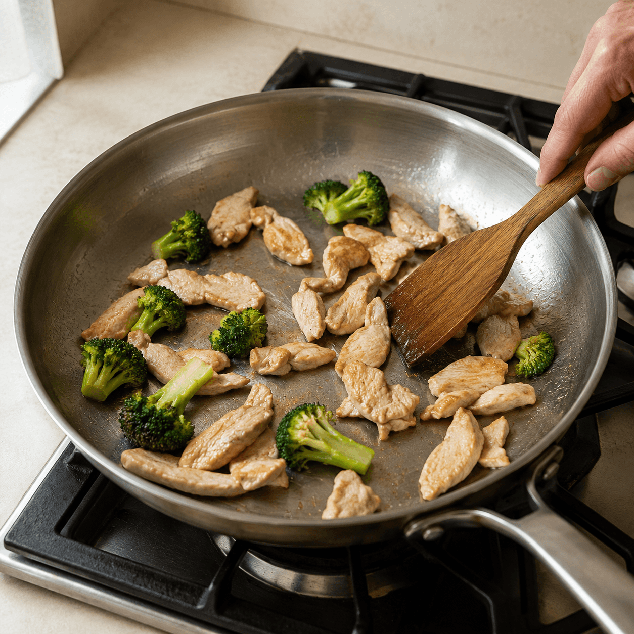 Chicken and broccoli in a stainless-steel skillet with visible space between the pieces.