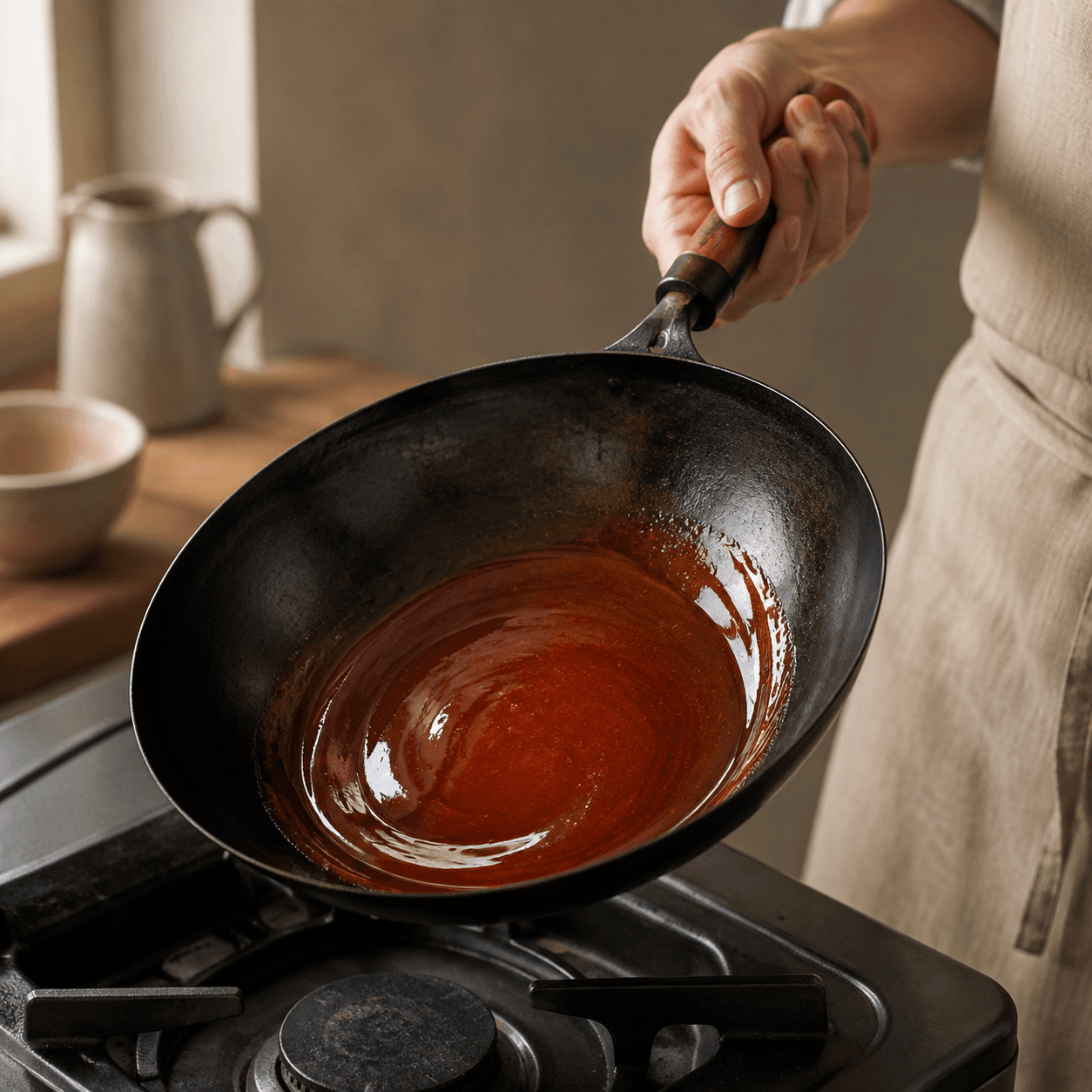 Melted sugar swirled to an amber caramel stage in a small wok.