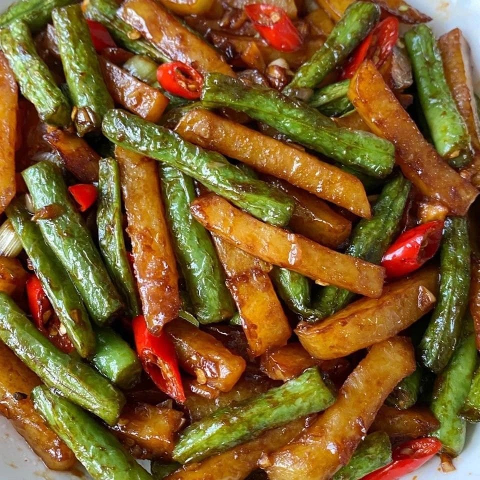 Dry-Fried Green Beans and Potatoes — finished dish, ready to serve.