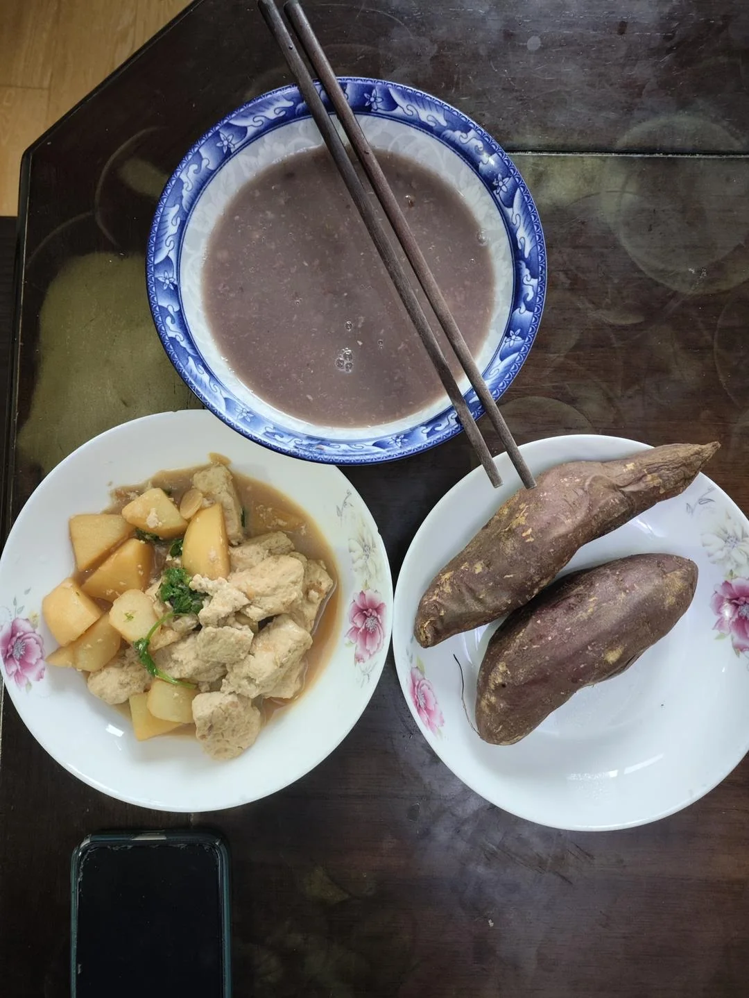 Chinese Breakfast – Congee, Sweet Potato, and Braised Potato with Tofu
