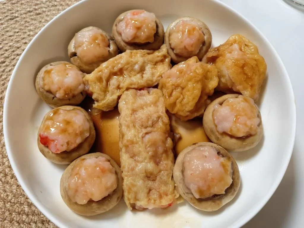 Shrimp Paste Stuffed White Mushrooms, Tofu Skin Rolls, and Fish Tofu