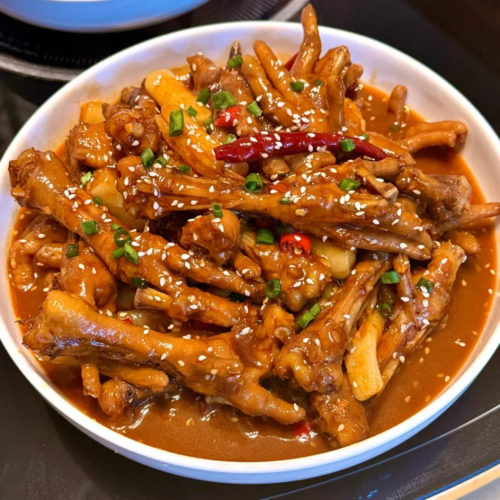 Spicy Braised Chicken Feet with Rice Cakes