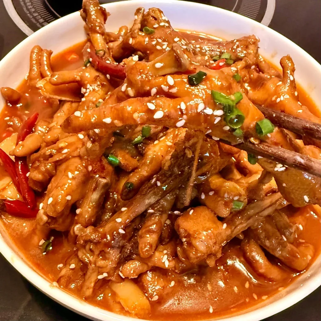 Spicy Braised Chicken Feet with Rice Cakes