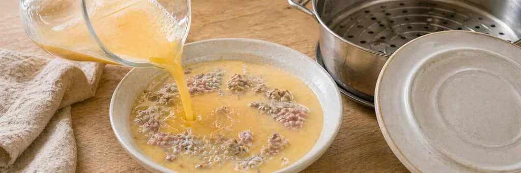 Three-Delicacy Silky Steamed Egg with Clam, Silverfish and Pork