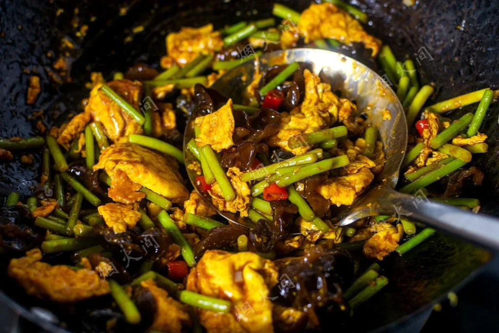 Garlic Scapes Stir-Fry with Egg and Wood Ear Mushrooms