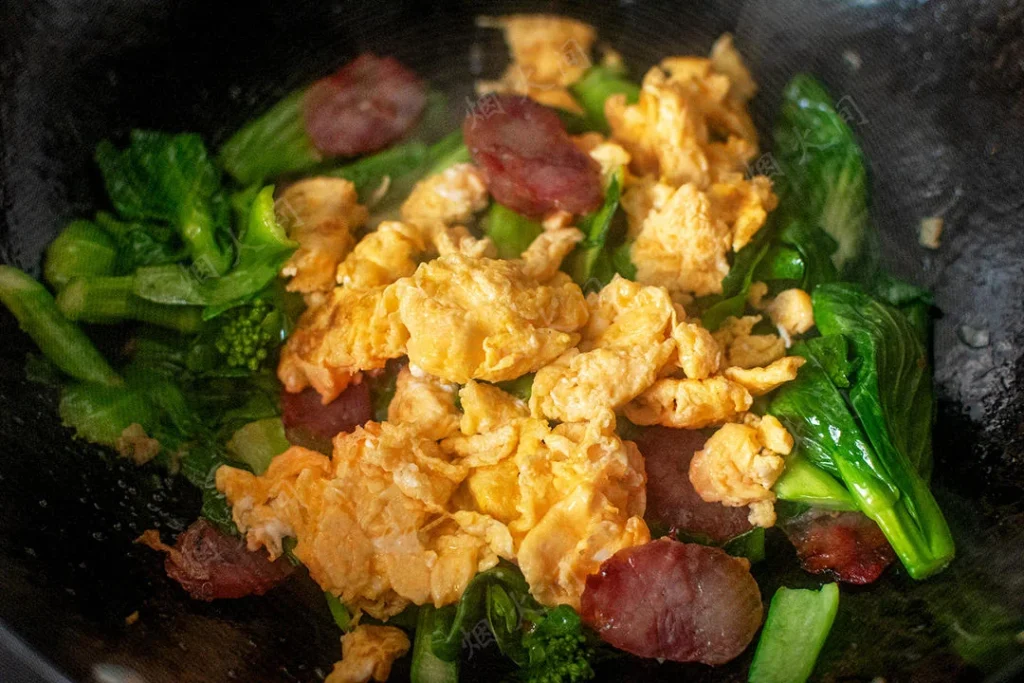 10-Minute Stir-Fried Choy Sum with Chinese Sausage and Egg