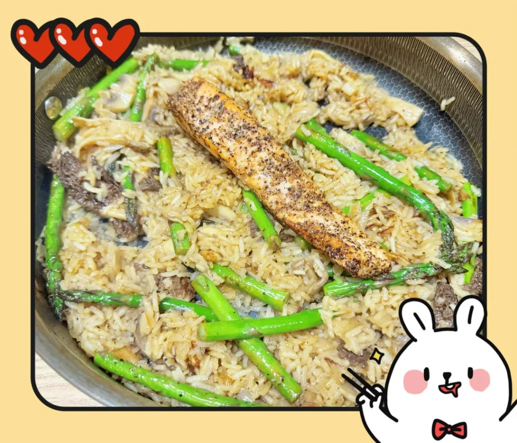 Salmon, Asparagus & Mushroom Claypot Rice