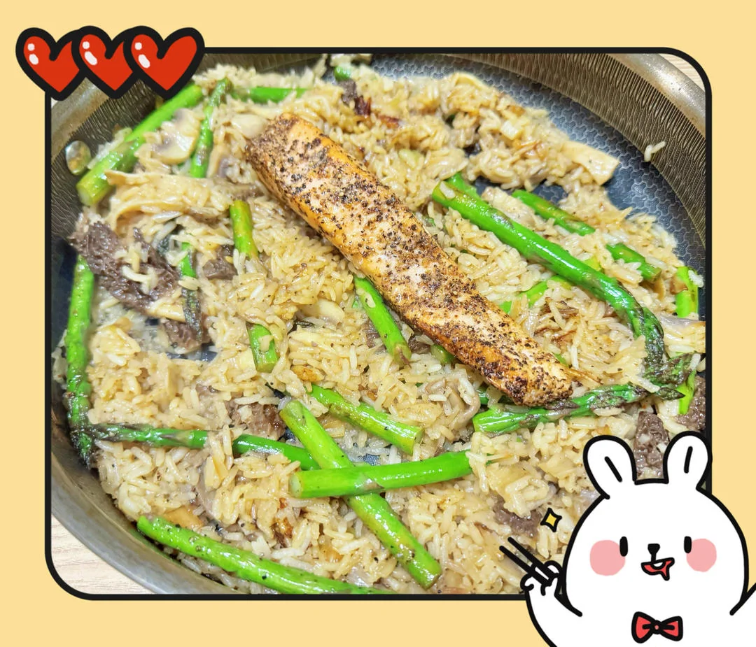 Salmon, Asparagus & Mushroom Claypot Rice