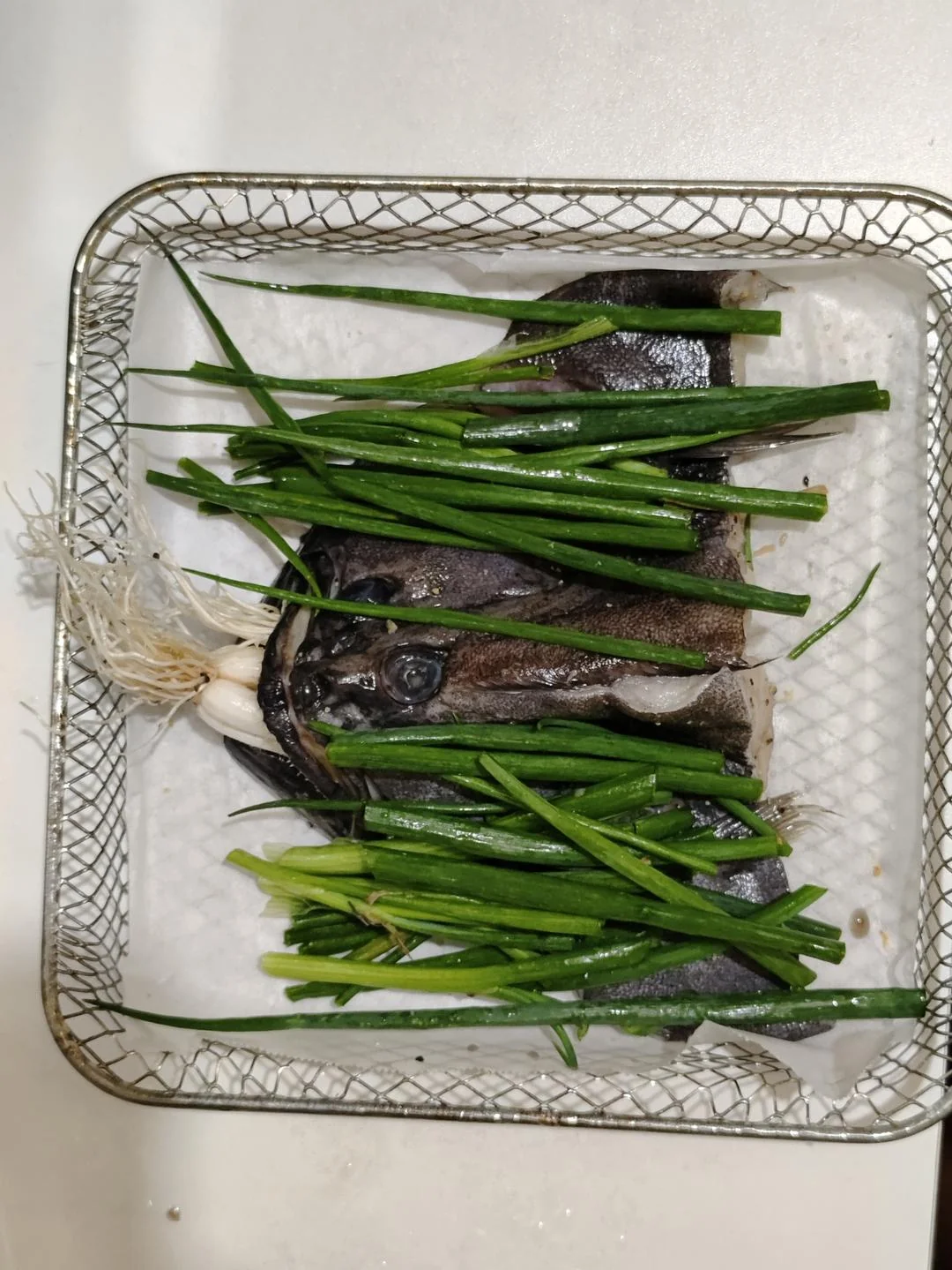 Roasted Halibut Head with Spring Onions