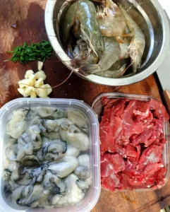 Beef, Oyster & Shrimp Noodle Bowl with Shrimp Oil Broth