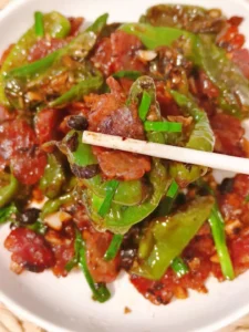 Stir-fried Chinese Sausage with Zhangshugang Peppers and Black Bean Sauce