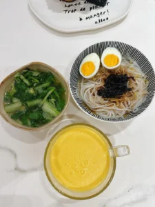 Breakfast: Scallion Oil Rice Noodles, Mango Smoothie, Soft-Centered Egg & Ginger Baby Bok Choy