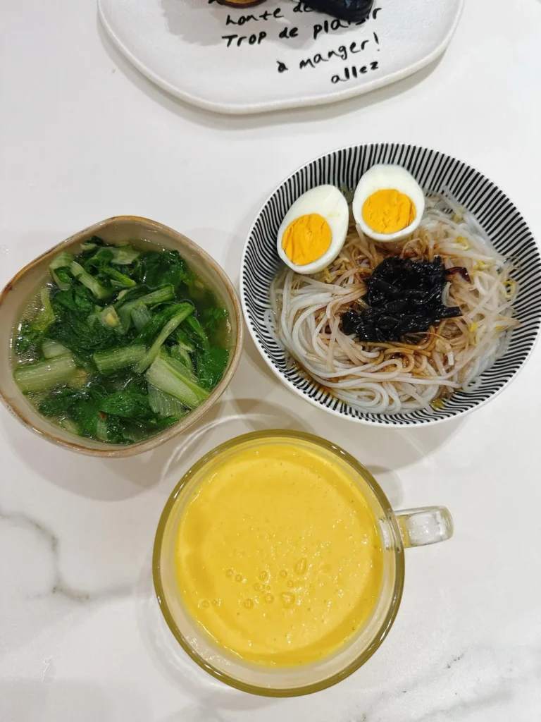 Breakfast: Scallion Oil Rice Noodles, Mango Smoothie, Soft-Centered Egg & Ginger Baby Bok Choy