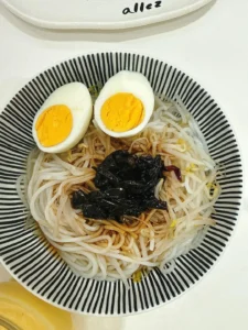 Breakfast: Scallion Oil Rice Noodles, Mango Smoothie, Soft-Centered Egg & Ginger Baby Bok Choy