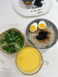 Breakfast: Scallion Oil Rice Noodles, Mango Smoothie, Soft-Centered Egg & Ginger Baby Bok Choy