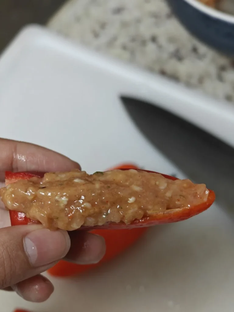 Chicken-Stuffed Mini Bell Peppers & Button Mushrooms with Creamy Tomato Onion Sauce