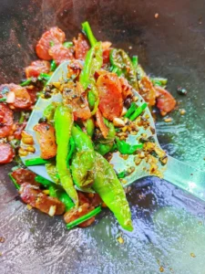 Stir-fried Chinese Sausage with Zhangshugang Peppers and Black Bean Sauce
