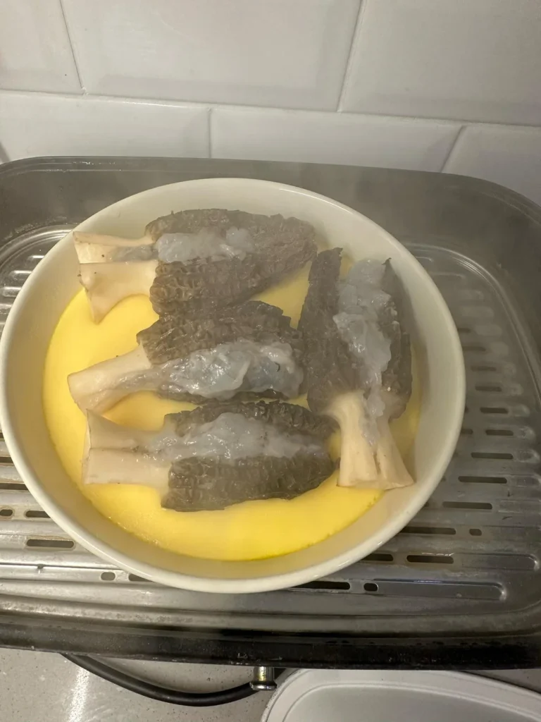 Steamed Egg Custard with Morel Mushrooms and Shrimp Paste